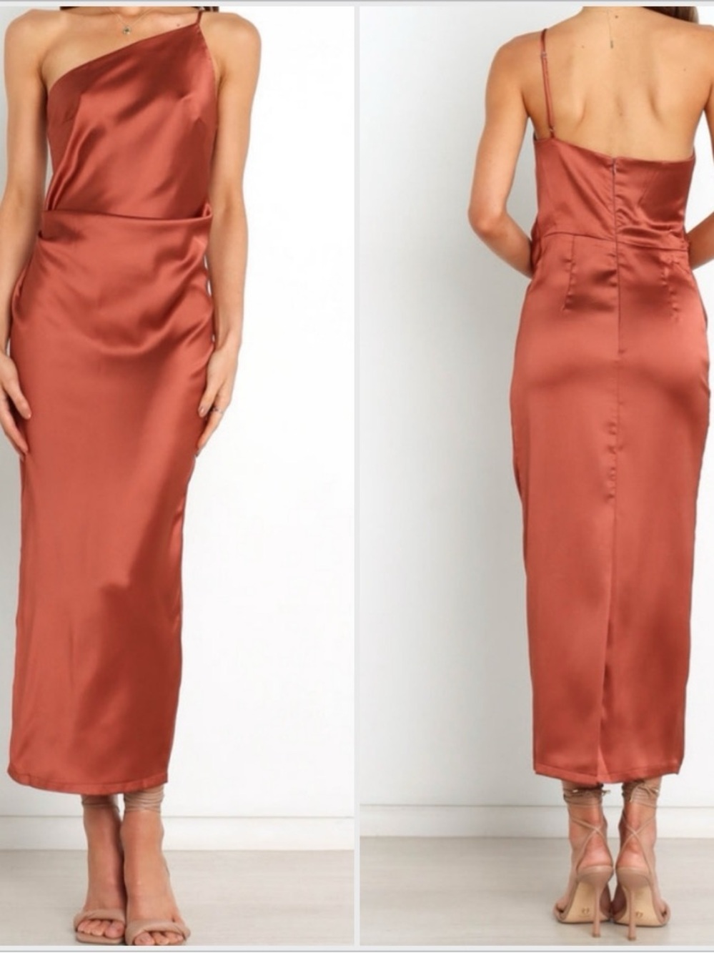 Petal and Pup Rust Luella Satin One Shoulder Draped Cocktail
Midi Slip Dress